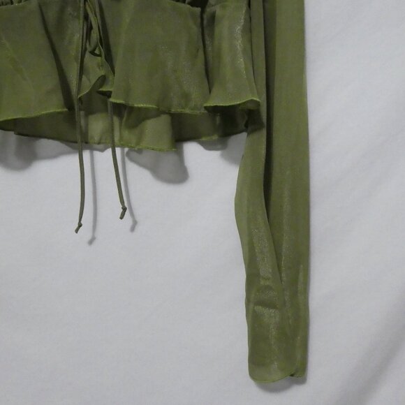 SHEIN | medium | Elegant Green V-Neck Sheer Blouse With Tie / Lace-Up Detail - Picture 9 of 15